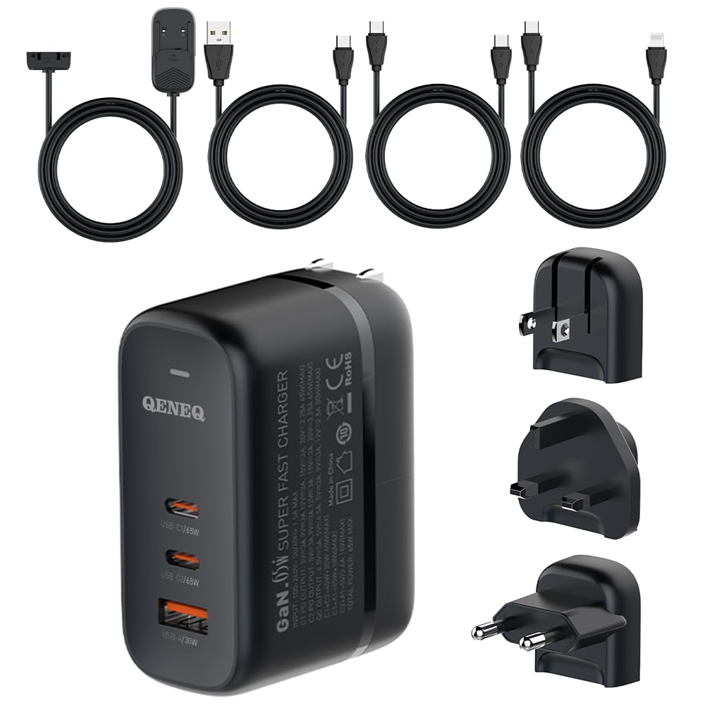 GaN 65W 3-Port USB-C Wall Charger with Travel Adapters